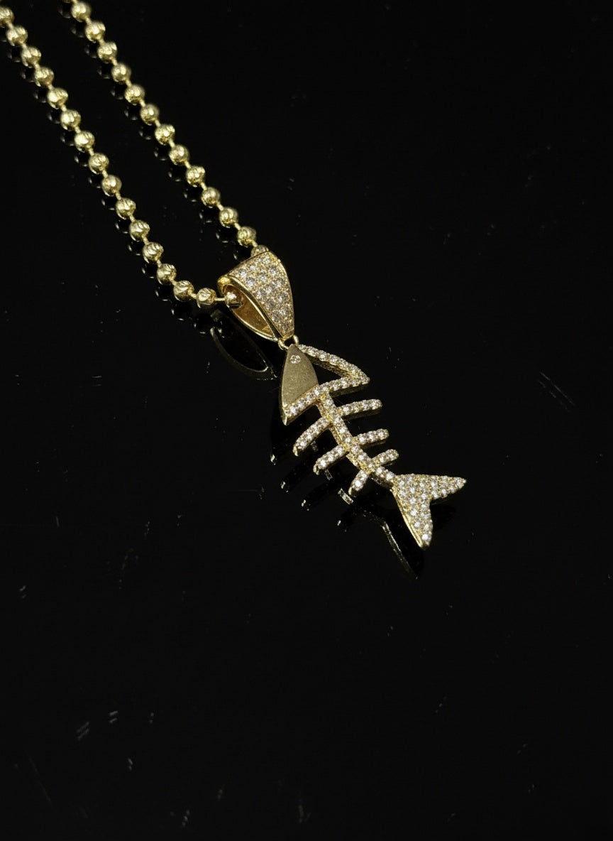 Juego Cadena Estilo Militar y Colgante Espina de Pescado 'Iced' - Oro 14K