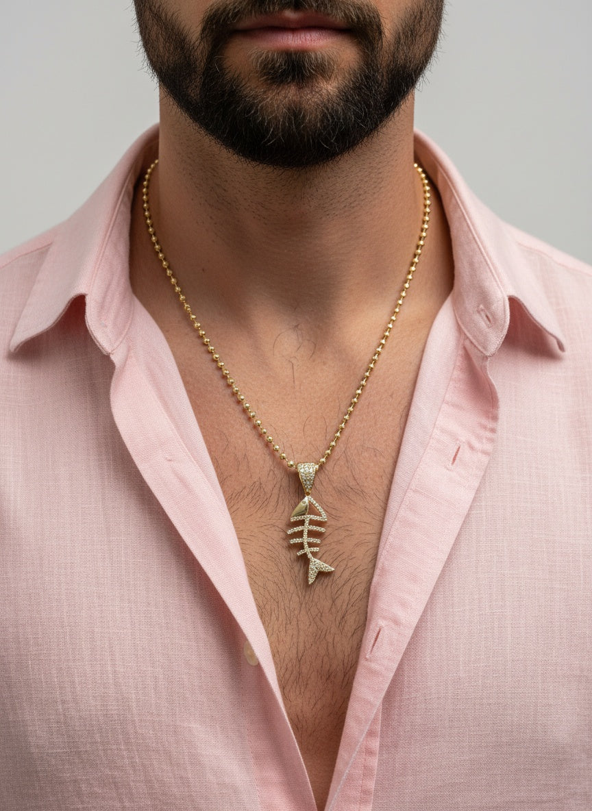 Juego Cadena Estilo Militar y Colgante Espina de Pescado 'Iced' - Oro 14K