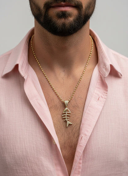 Juego Cadena Estilo Militar y Colgante Espina de Pescado 'Iced' - Oro 14K