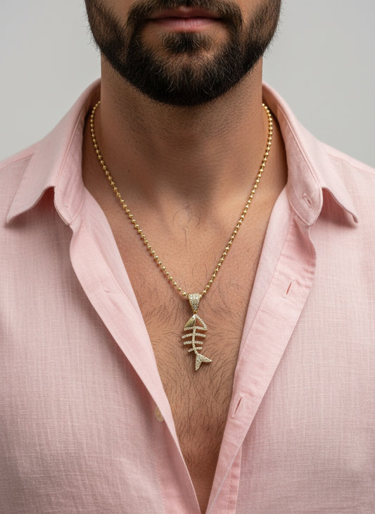 Juego Cadena Estilo Militar y Colgante Espina de Pescado 'Iced' - Oro 14K