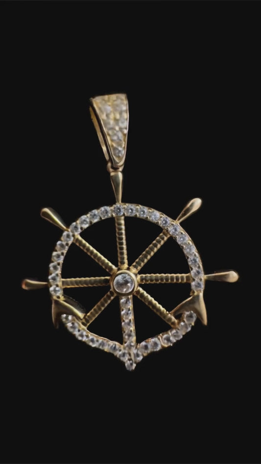 Colgante Timón Náutico 'El Capitán' - Oro 14K y Circonitas